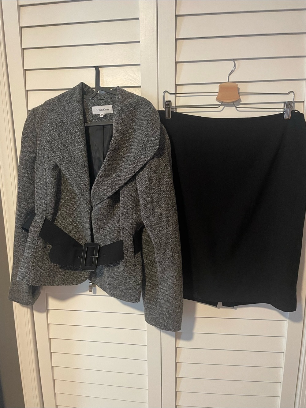 Calvin Klein Black White Tweed Blazer Jacket Skirt Suit Set 14 Petite
